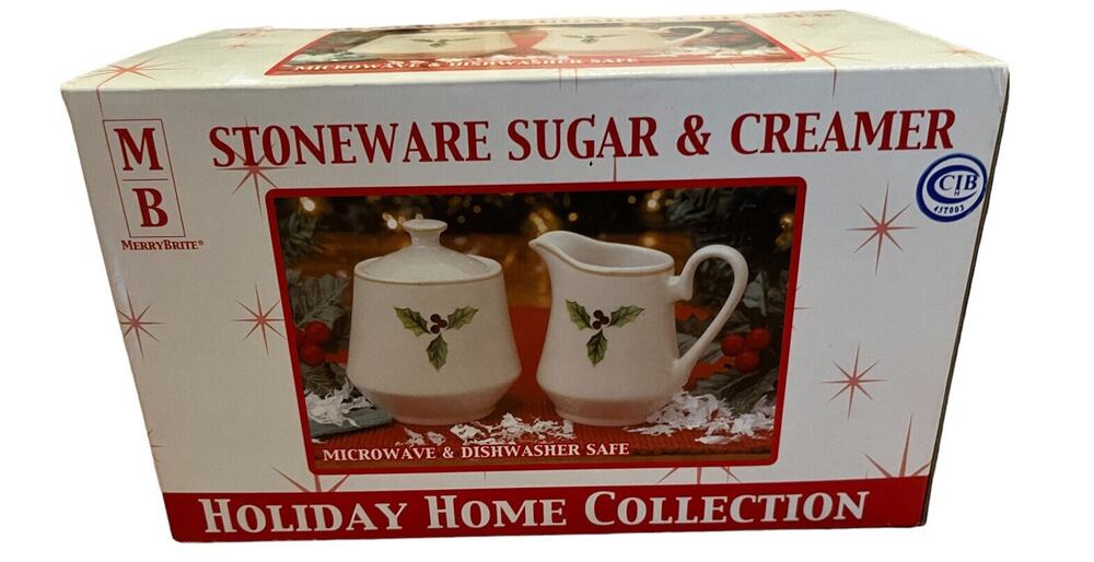 NEW IN BOX Merry Brite Stoneware Sugar & Creamer Holiday Home Collection 2002